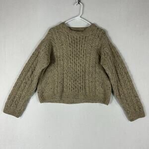 LL Bean Chunky Cable Knit Fisherman Sweater Women's XL Beige 100% Wool Pullover